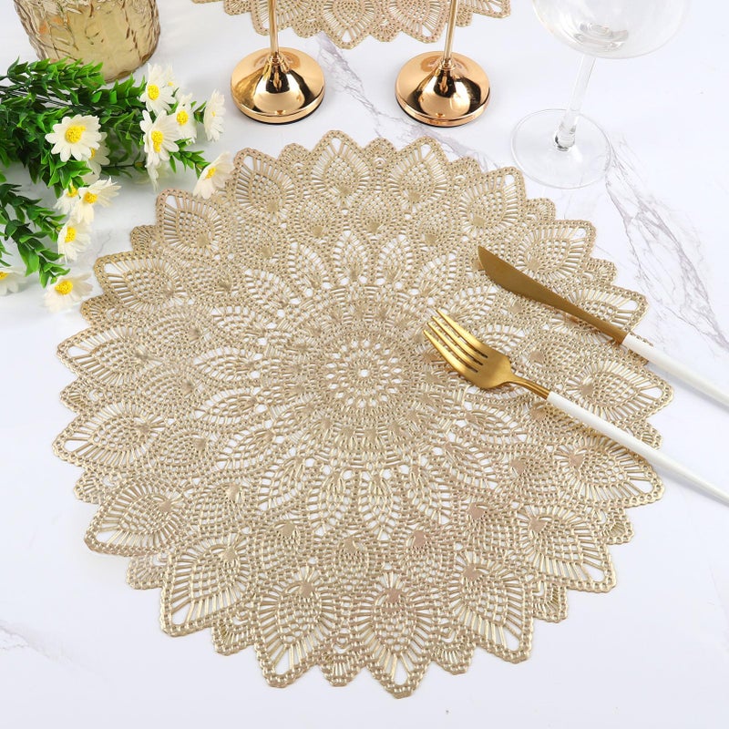 Mabbcoo Gold Round Placemats  Hollow Out Washable and Wipeable Place Mats  Pressed Vinyl Table Mats Set of 6 for Anniversary Dinner Kitchen Decorations - Image 3